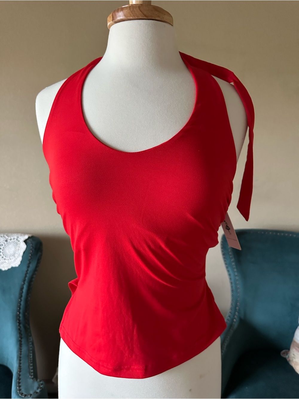 Coccko Red Halter Top Womens Size Small Ties NWT Stretch